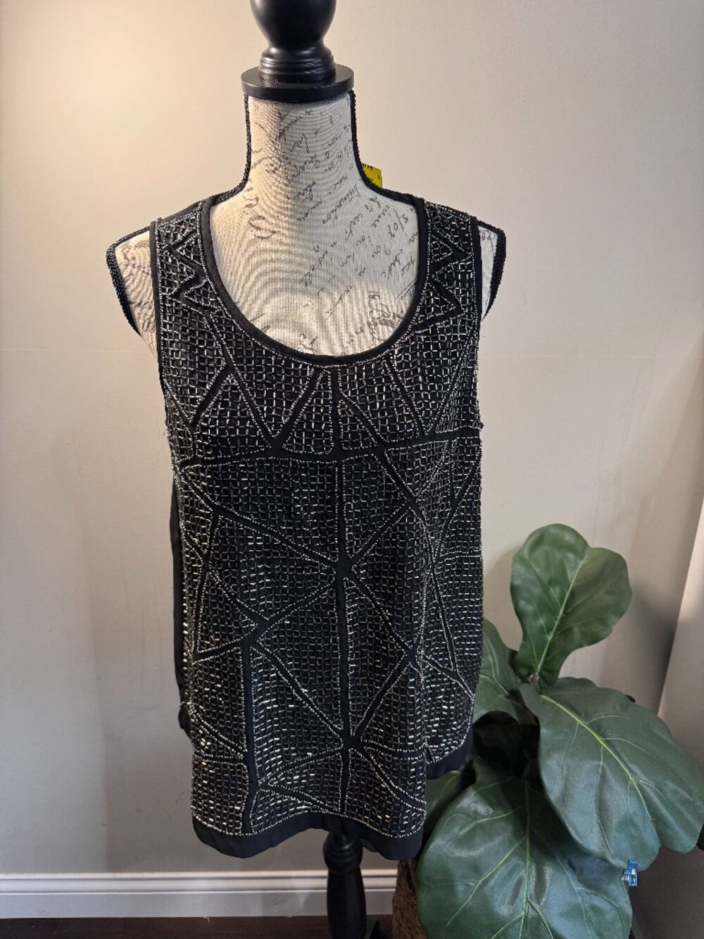 NWT Beaded Tank Top Black Silver‎ Sequin Bead Sleeveless Evening Top Medium